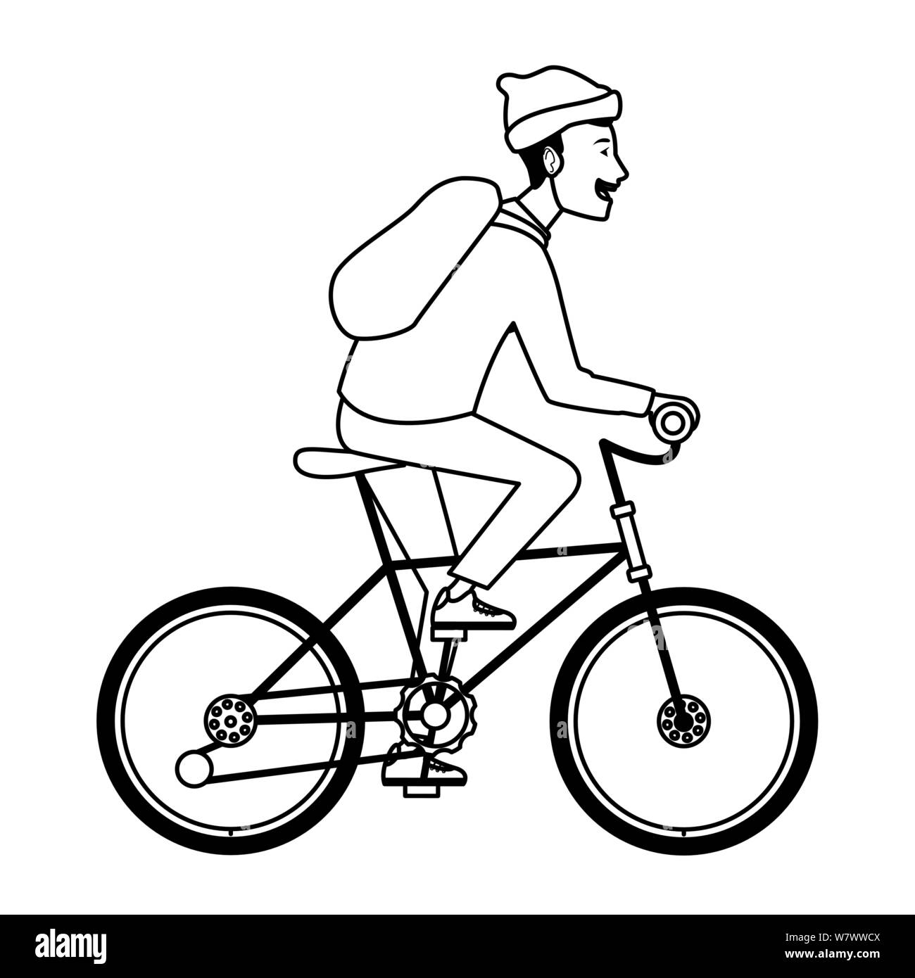 Young man riding on bicycle cartoon in black and white Stock Vector Image &  Art - Alamy