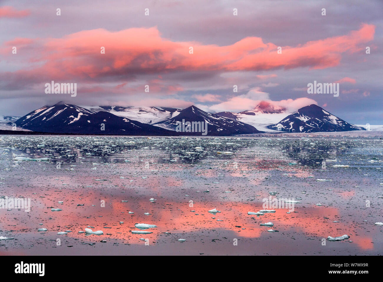 First sunset in Arctic since the spring, in Spitsbergen, Svalbard Archipelago, Norway, 23 August 2014. Stock Photo