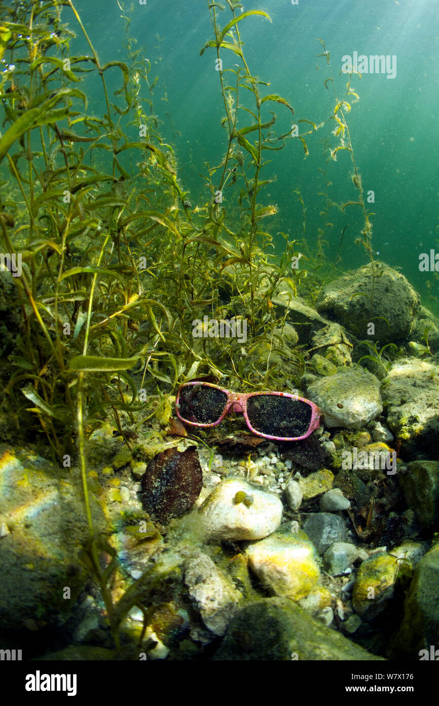 Pink sunglasses on the bottom of Grundlsee lake, Austria, July 2013. Stock Photo