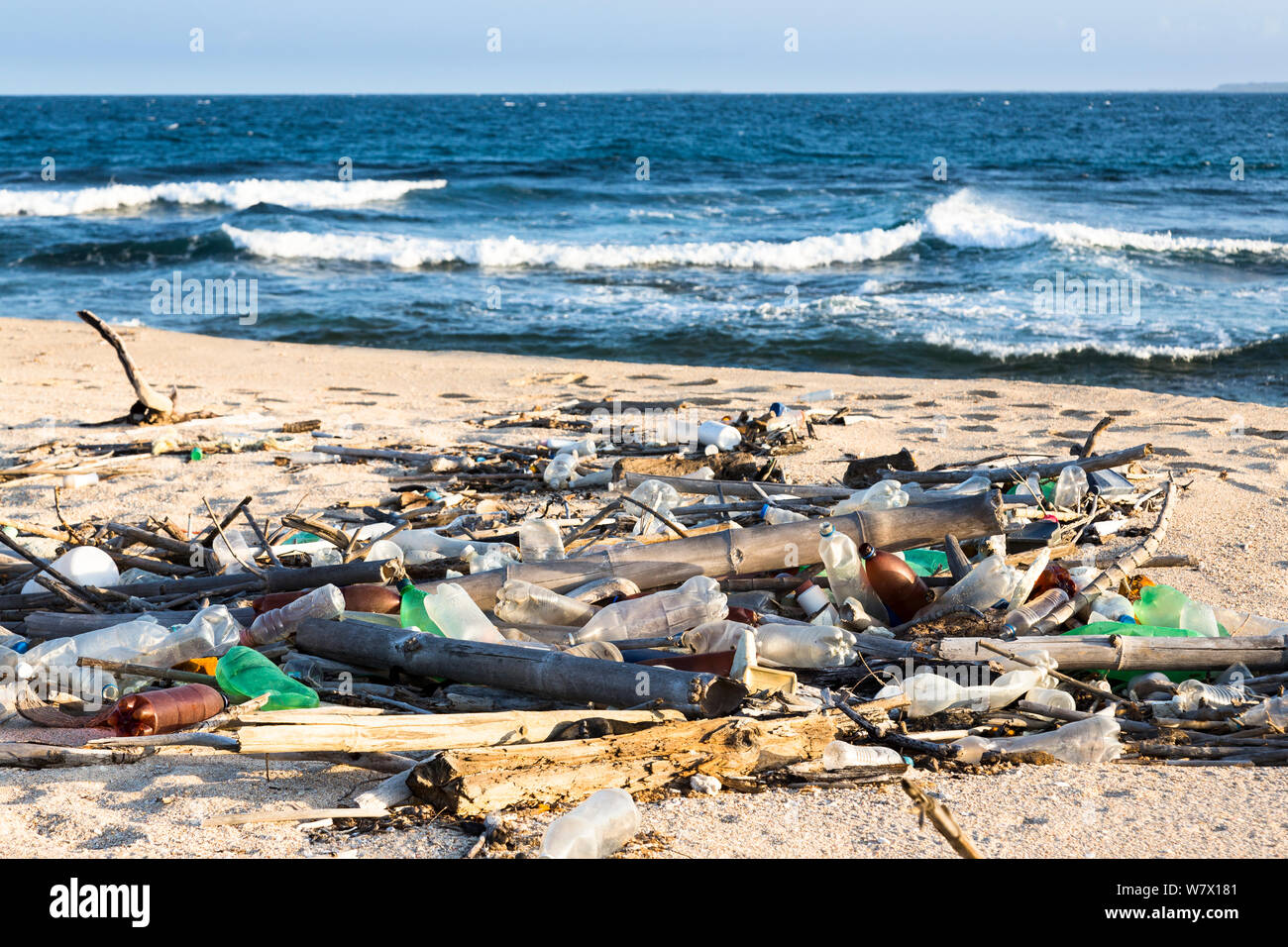 Marine debris on beach along the Caribbean Sea,  Venezuela, February 2014. Stock Photo