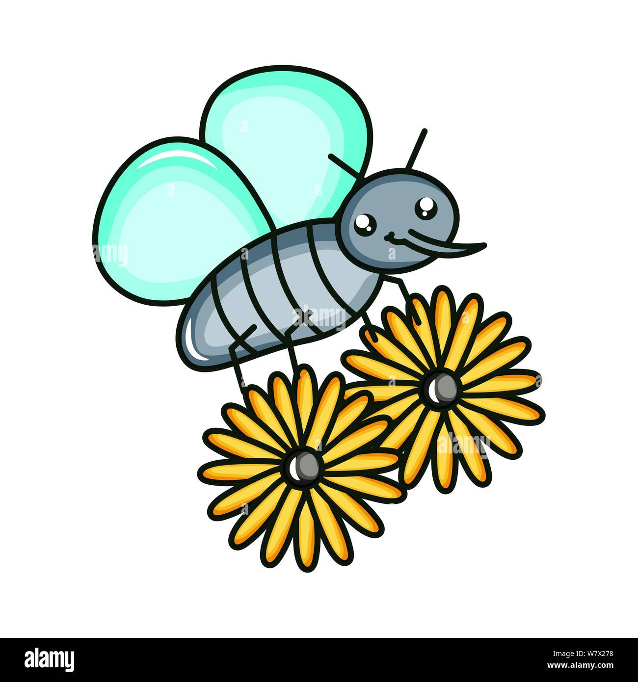 flowers garden with little insect flying kawaii character vector ...