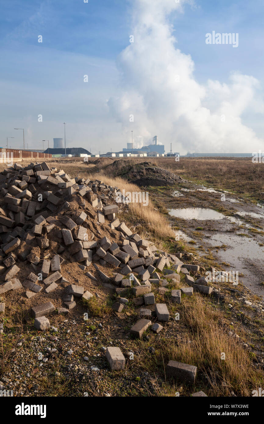 Brownfield site with chemical site in the background, Kingston upon Hull, East Yorkshire, England, UK, January 2014. Stock Photo