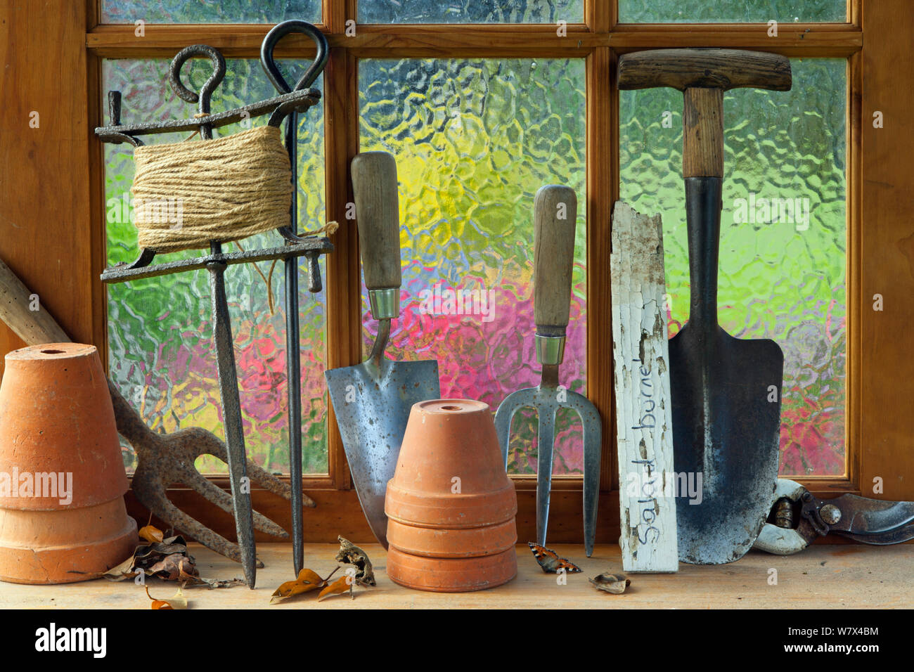 Potting shed window with flower pots, hand forks, string and trowel on