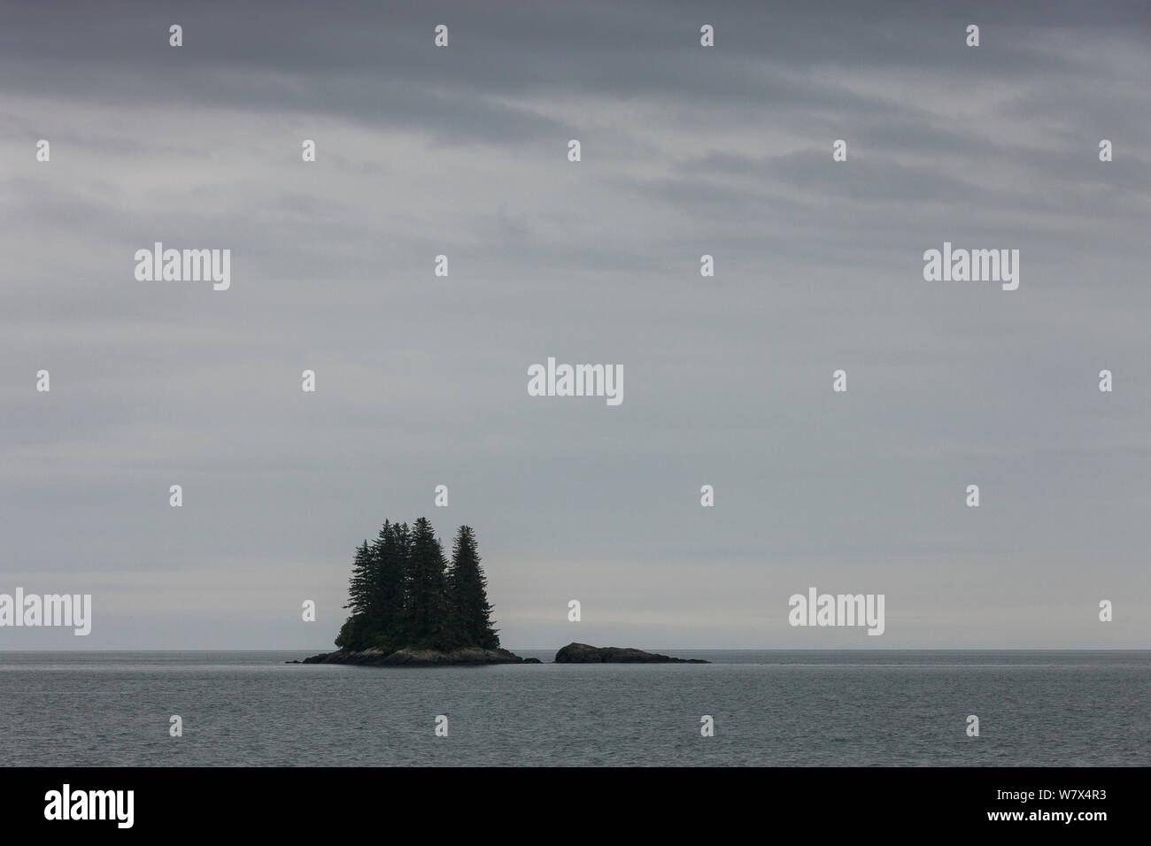 Small Island with Spruce trees (Picea), Prince William Sound, Alaska, USA. June 2013. Stock Photo