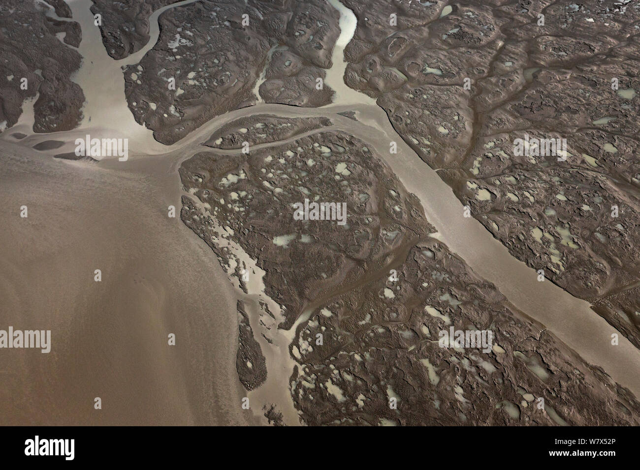 Tidal flats at low tide (aerial photo), Pacific Coast, Cook Inlet, Alaska, USA. June 2013. Stock Photo