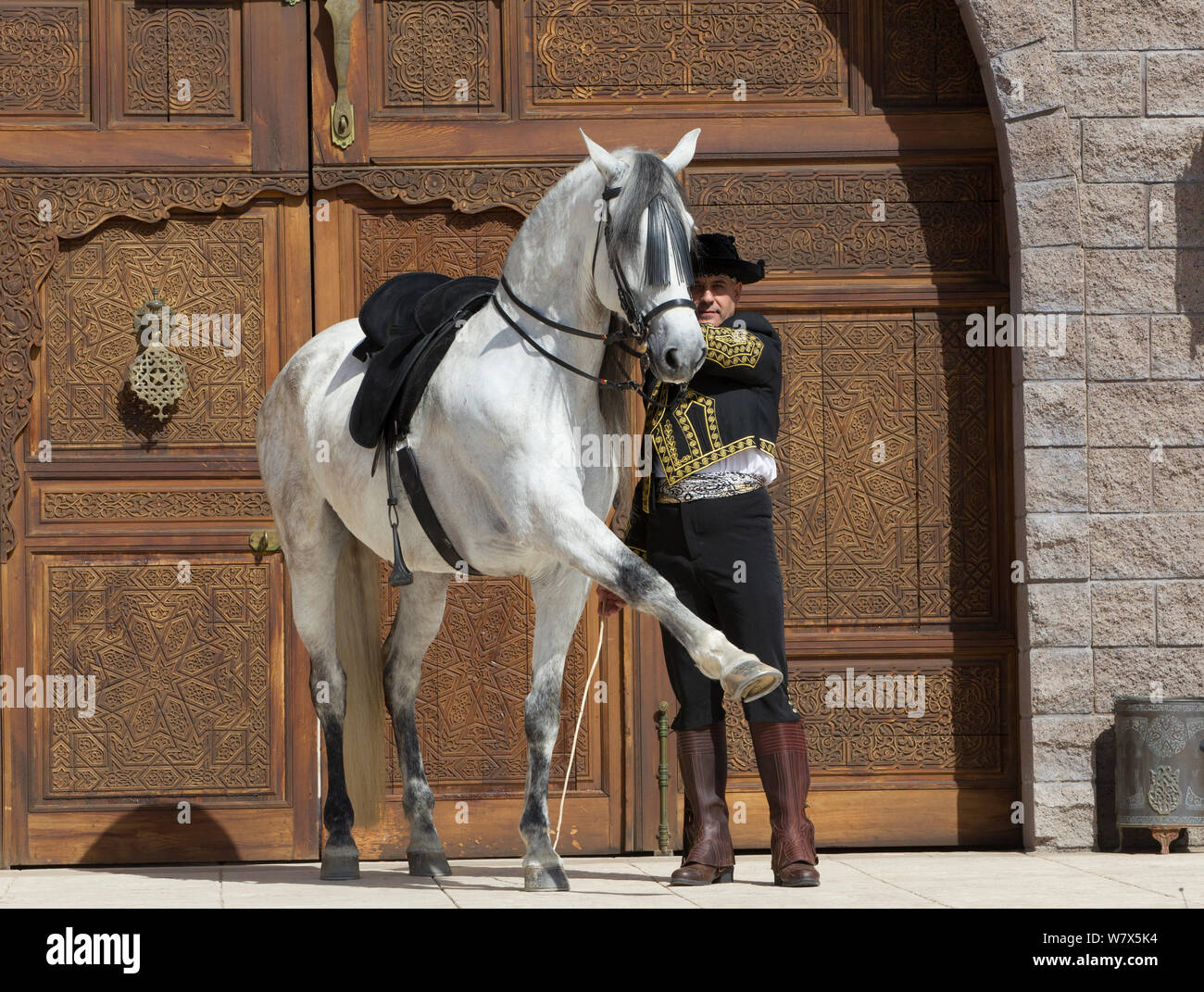 Horse rider Manuel Trigo in traditional Spanish costume holding gray