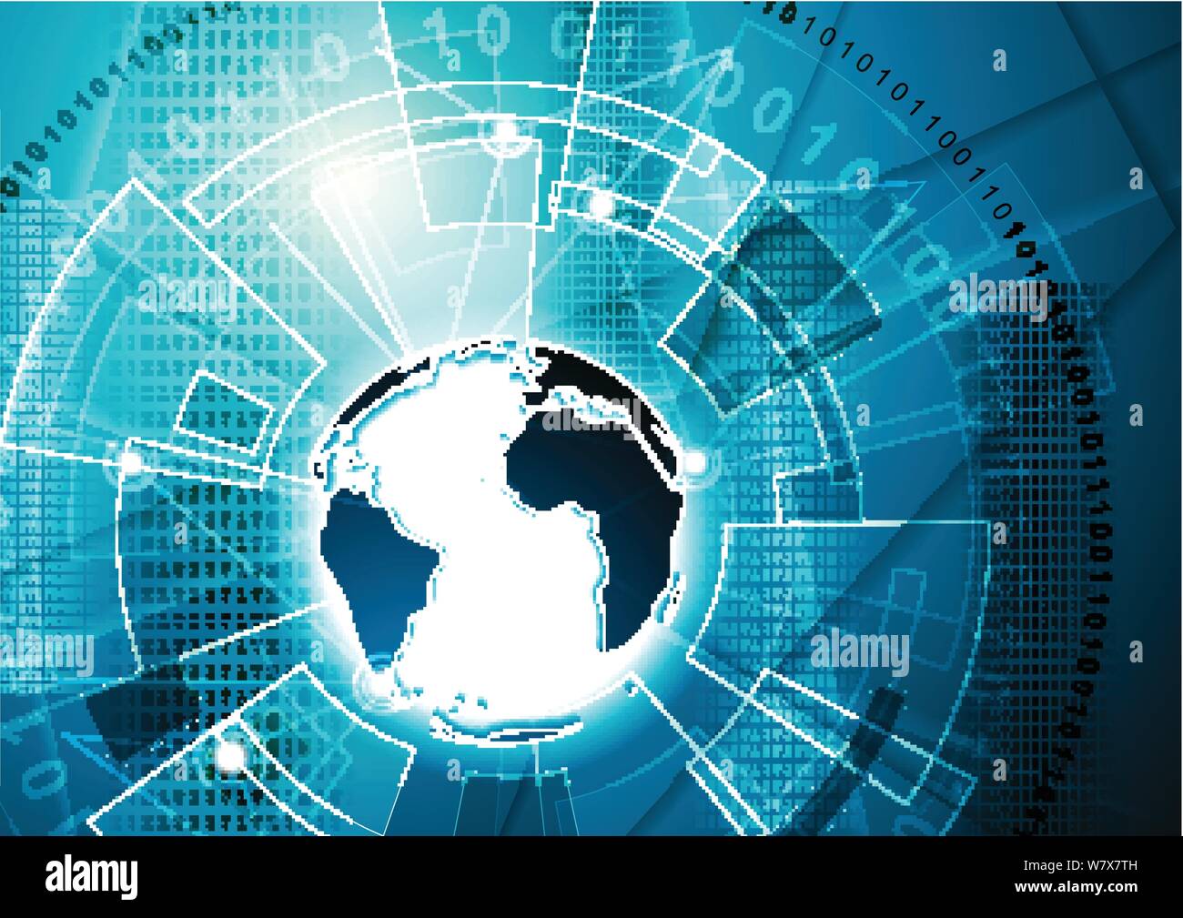Bright blue technology communication abstract background with globe and ...