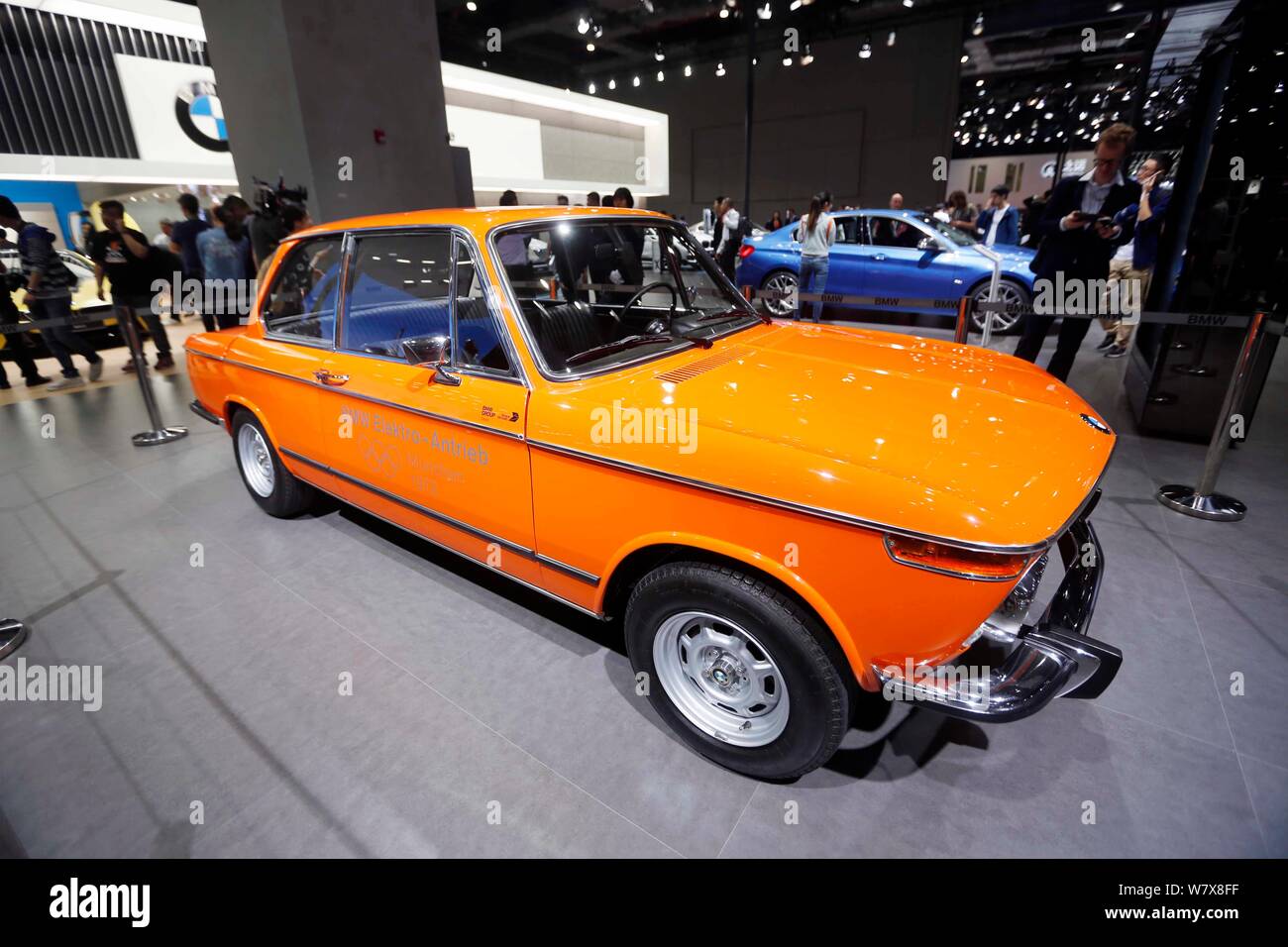 A BMW 1602e which is BMW s first electric car is on display
