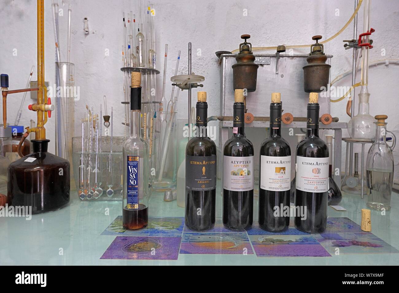 Wine making laboratory, Santorini wines, Santorini Island, Greece, May 2009. Stock Photo