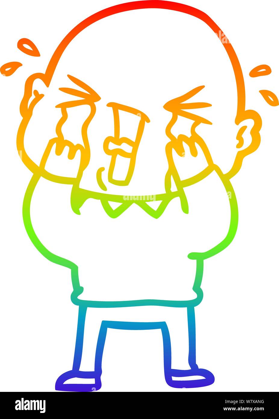rainbow gradient line drawing of a cartoon crying bald man Stock Vector