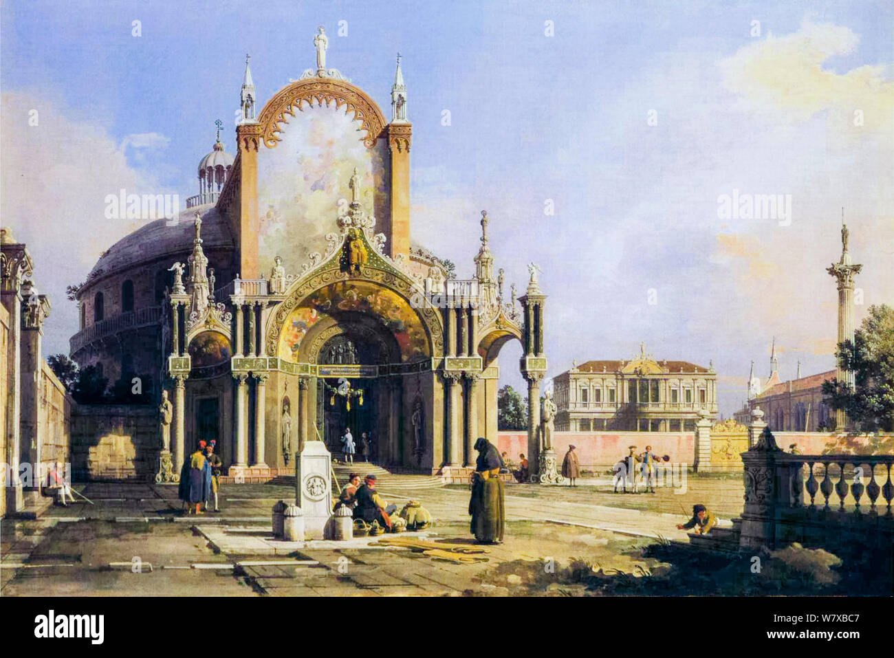 Canaletto, Capriccio of a round Church with an elaborate Gothic Portico in a Piazza, a Palladian Palazzo and a Gothic Church beyond, painting, 1753-1755 Stock Photo