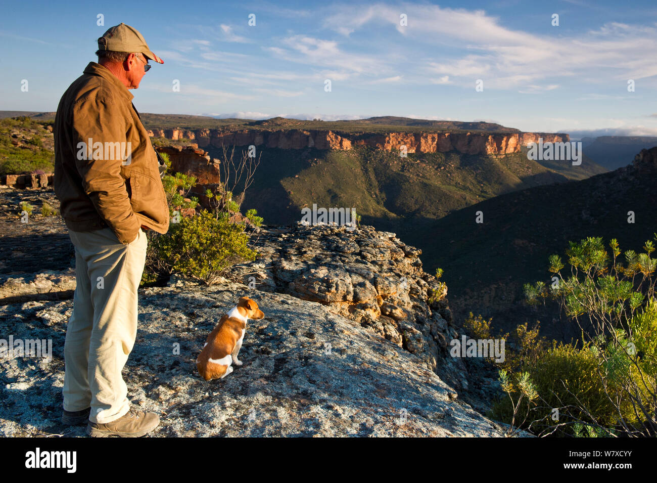 Farmer Willem van Wyk and his dog, looking out over Oorlogskloof canyon. Deep within the gorge is one of two known breeding sites for the Endangered Clanwilliam sandfish (Labeo seeberi). Papkuilsfontein farm, Northern Cape, South Africa. August 2013. Stock Photo