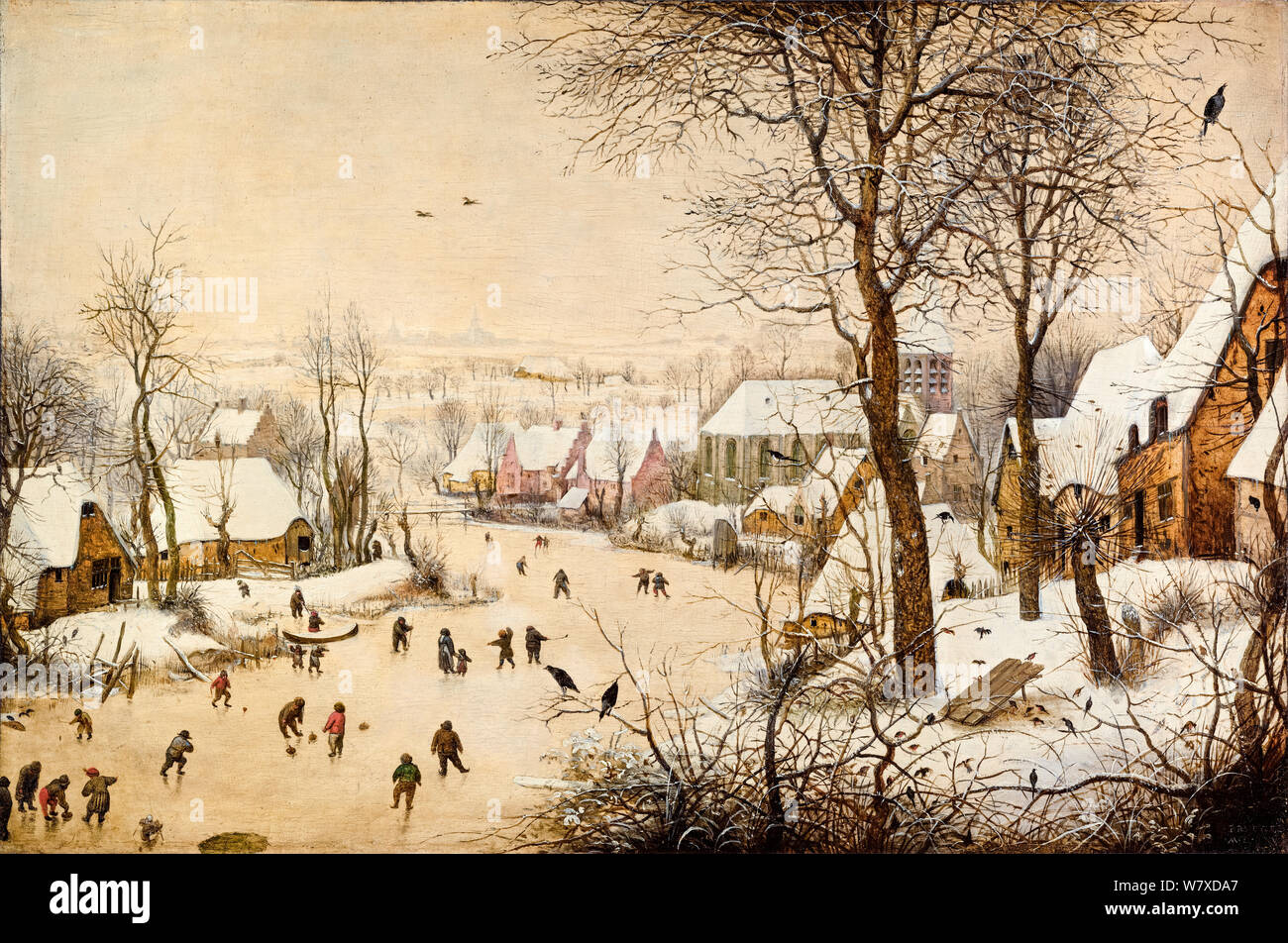Pieter Bruegel the Elder, painting, Winter Landscape with Skaters and Birds Trap, 1565 Stock Photo