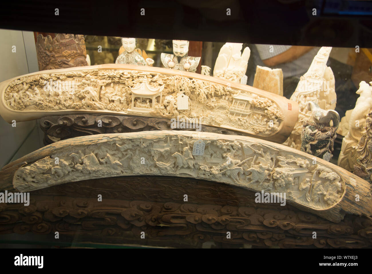 Carved ivory tusks, for sale in shop on Nathan Road, Kowloon, Hong Kong