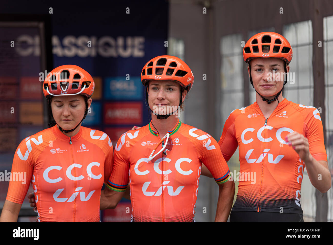 Valerie Demey, Marianne Vos, Riejanne Markus of team CCC Liv before racing in the Prudential RideLondon Classique cycle race. Female cyclist rider Stock Photo