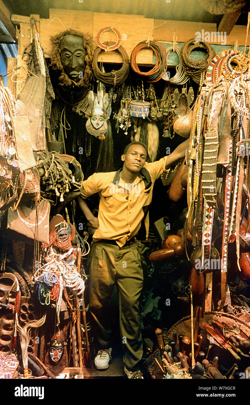 &#39;Jua Kali&#39;, curio vendor with curios. Nairobi, Kenya, 1994. Stock Photo