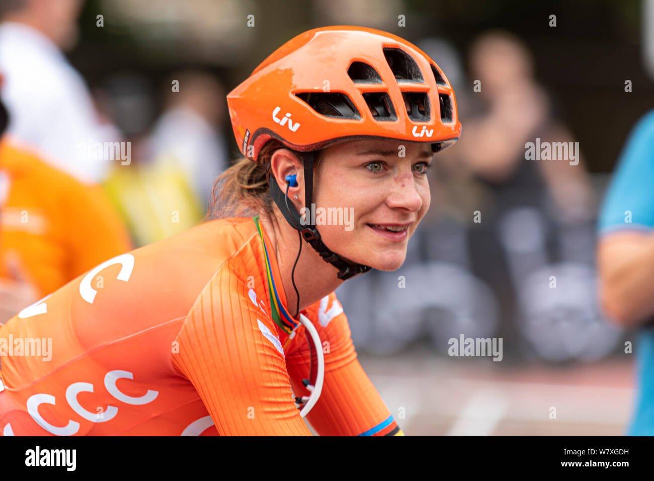 Marianne Vos of team CCC Liv before racing in the Prudential RideLondon Classique cycle race. Female cyclist rider Stock Photo