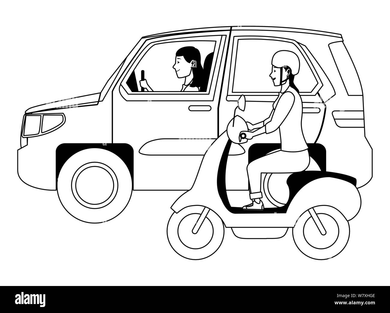 Vehicle and motorcycle with drivers riding in black and white Stock