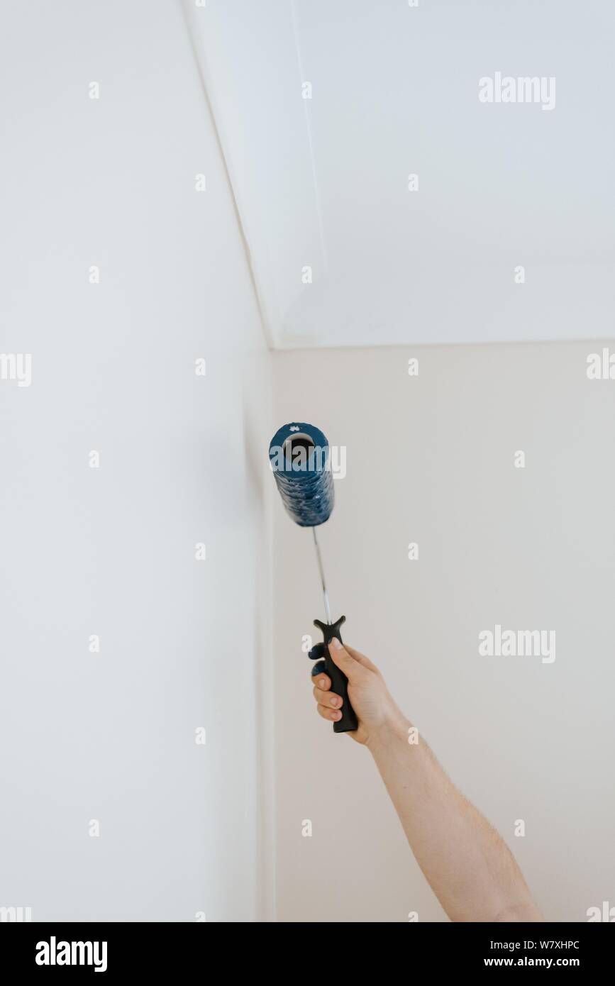 A Vertical Shot Of A Person Painting White Walls With A Blue