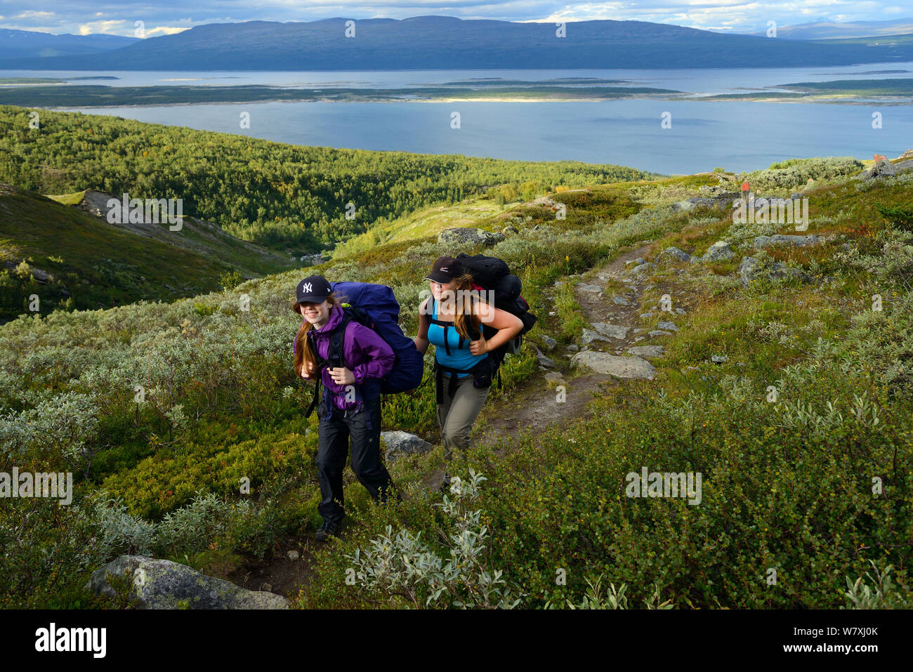 Woman and two teenagers on hiking trip on the Laponia Circuit, along the Padjelantaleden trail, Padjelanta National Park and Sarek National Park, Norrbotten, Lapland, Sweden. Stock Photo