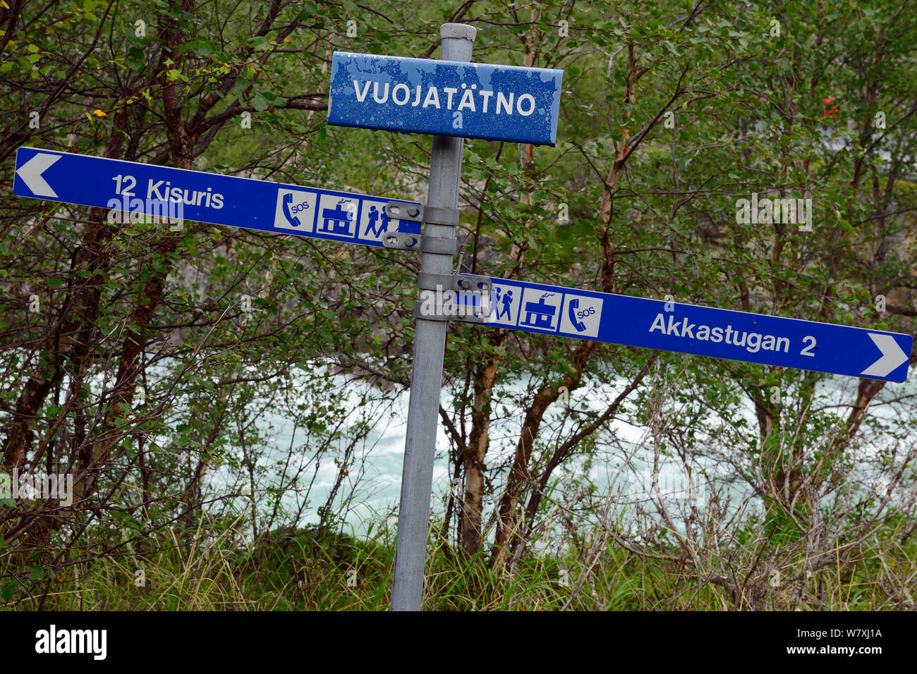 Signpost on the Laponia circuit of the Padjelantaleden trail, Padjelanta National Park and Sarek National Park, Norrbotten, Lapland, Sweden. Stock Photo