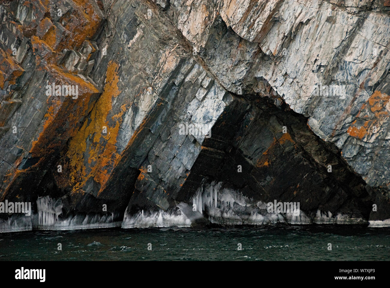 Ice and rocks on Lake Baikal shore, Siberia, Russia, December 2008. Stock Photo