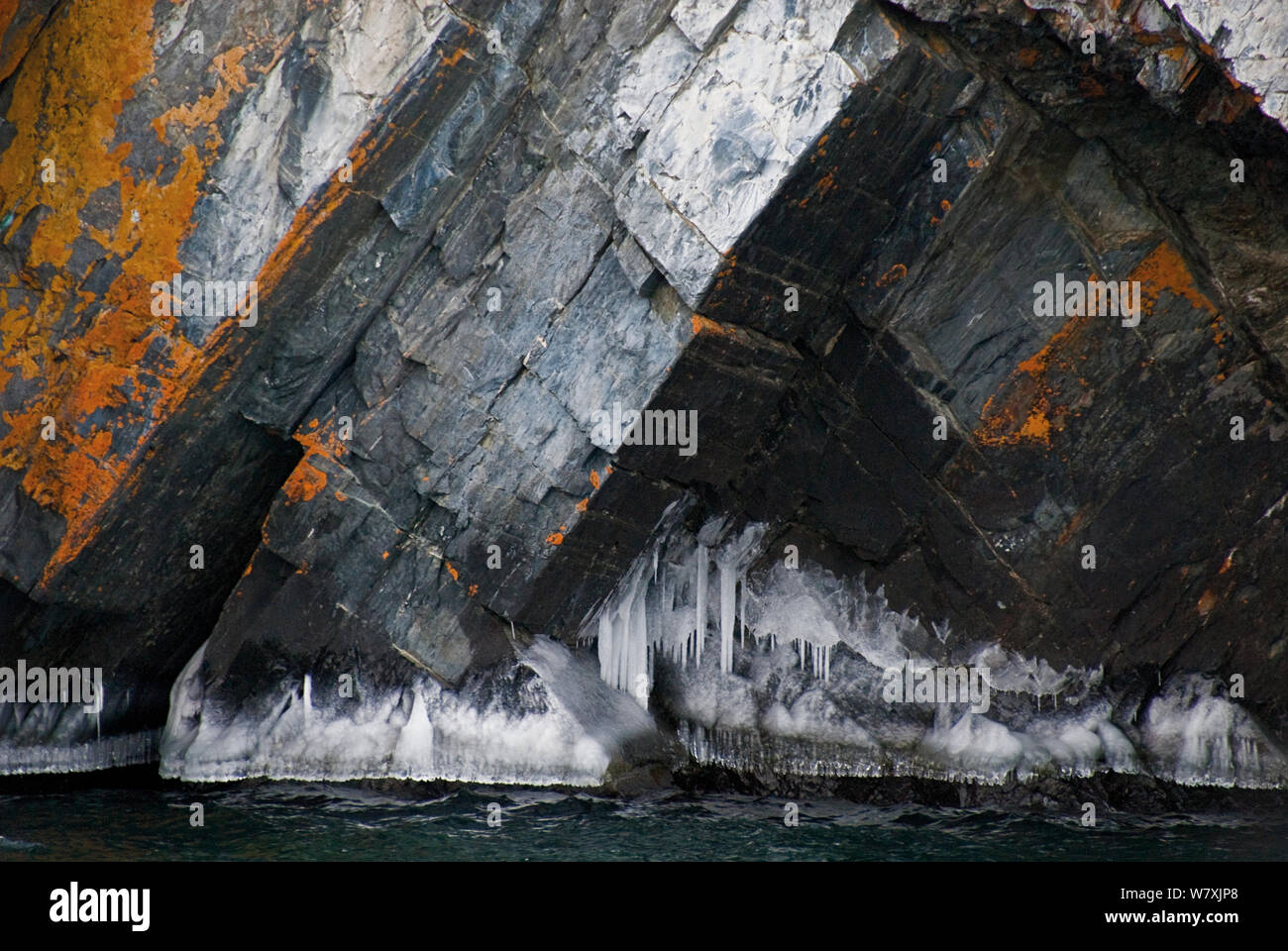 Ice and rocks on Lake Baikal shore, Siberia, Russia, December 2008. Stock Photo