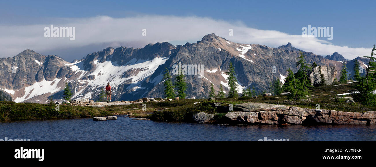 Hiker at Snowy Lakes in the North Cascades area of the Okanogan Wenatchee National Forest, Washington, USA, July 2014. Model released. Stock Photo