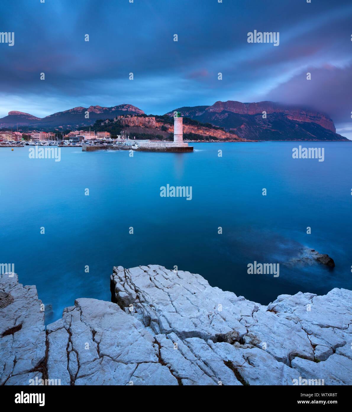 Town of Cassis at dusk, Bouches-du-Rhone, Cote d&#39;Azur, Provence, France, October 2012. Stock Photo