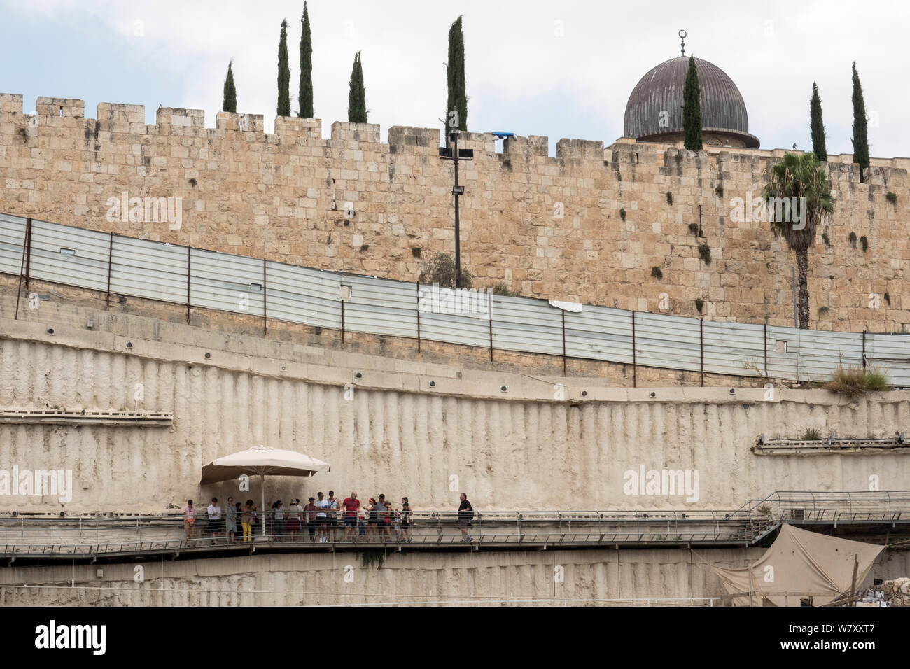 Jerusalem, Israel. 7th August, 2019. A northward view from the City of David depicts the Al Aqsa Mosque on the Temple Mount. The City of David is an archaeological site and home to a park and visitor center managed by the Ir David Foundation, also known as Elad. This association openly aims to strengthen Jewish connection to Jerusalem, create a Jewish majority in Arab neighborhoods of East Jerusalem and renew the Jewish community in the City of David, which is also part of the Arab neighborhood of Silwan. The City of David is speculated to be the original urban core of ancient Jerusalem. Relig Stock Photo