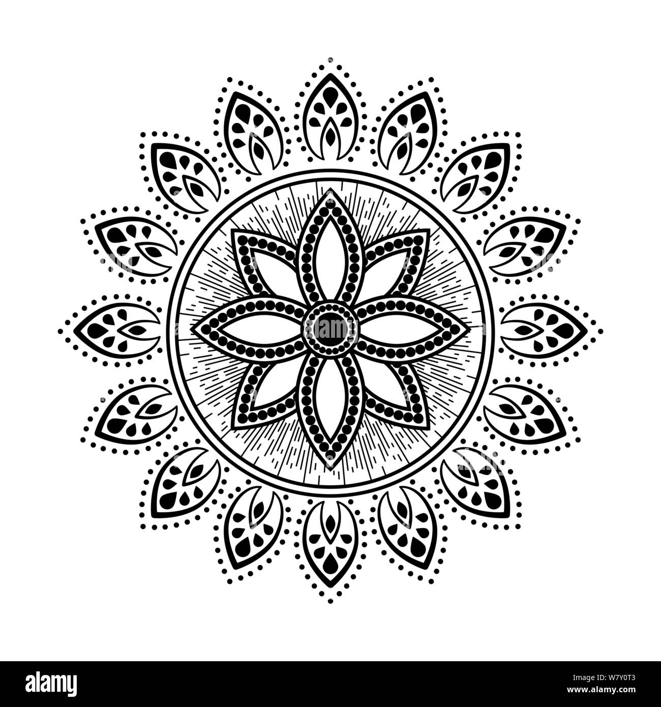 Mandala style tattoo black and white round floral element design vector ...