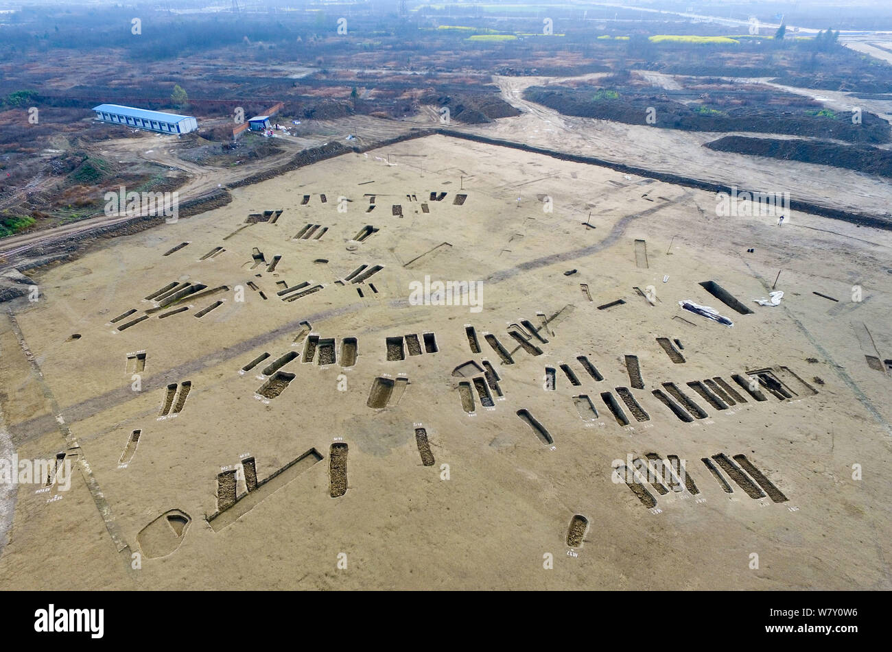 Aerial view of the excavation site of a tomb cluster between the Spring and Autumn Period (770-476 B.C) and the Warring States Period (475-221 B.C) in Stock Photo