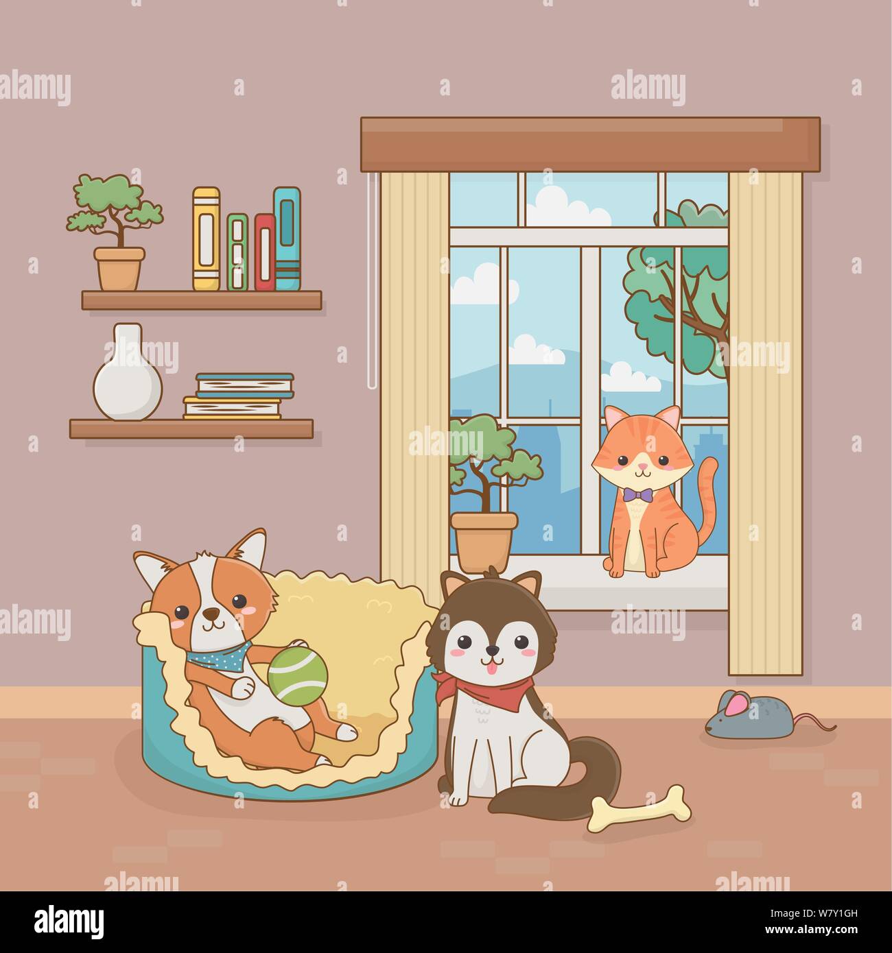 little dog and cat mascots in the house room vector illustration design ...