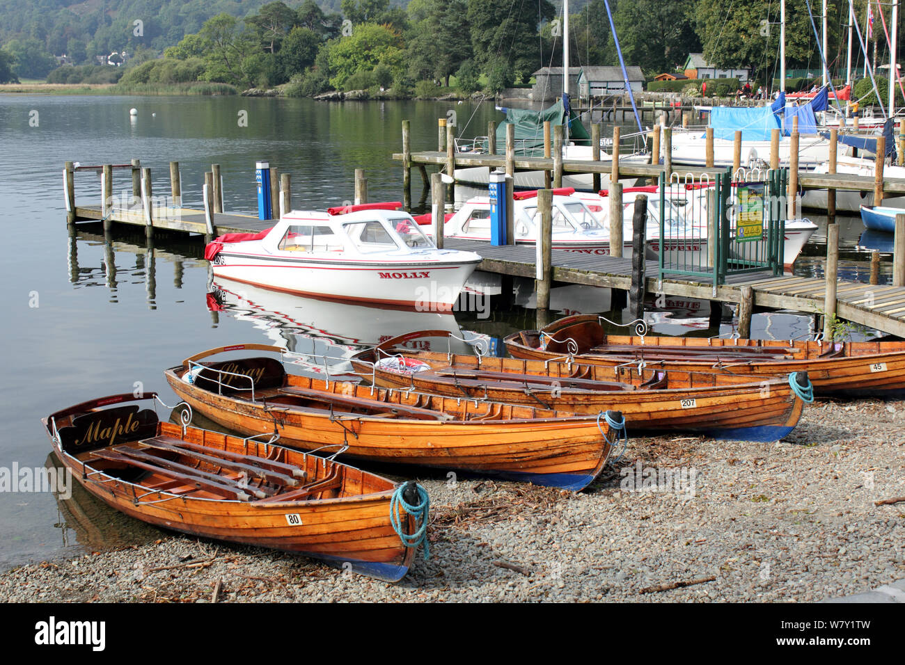 Landscape view of rowing boats and cruisers, Lake Windermere Stock