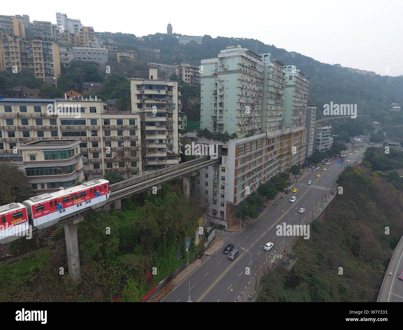 A subway train of Chongqing Light rail Line 2 arrives at the Liziba