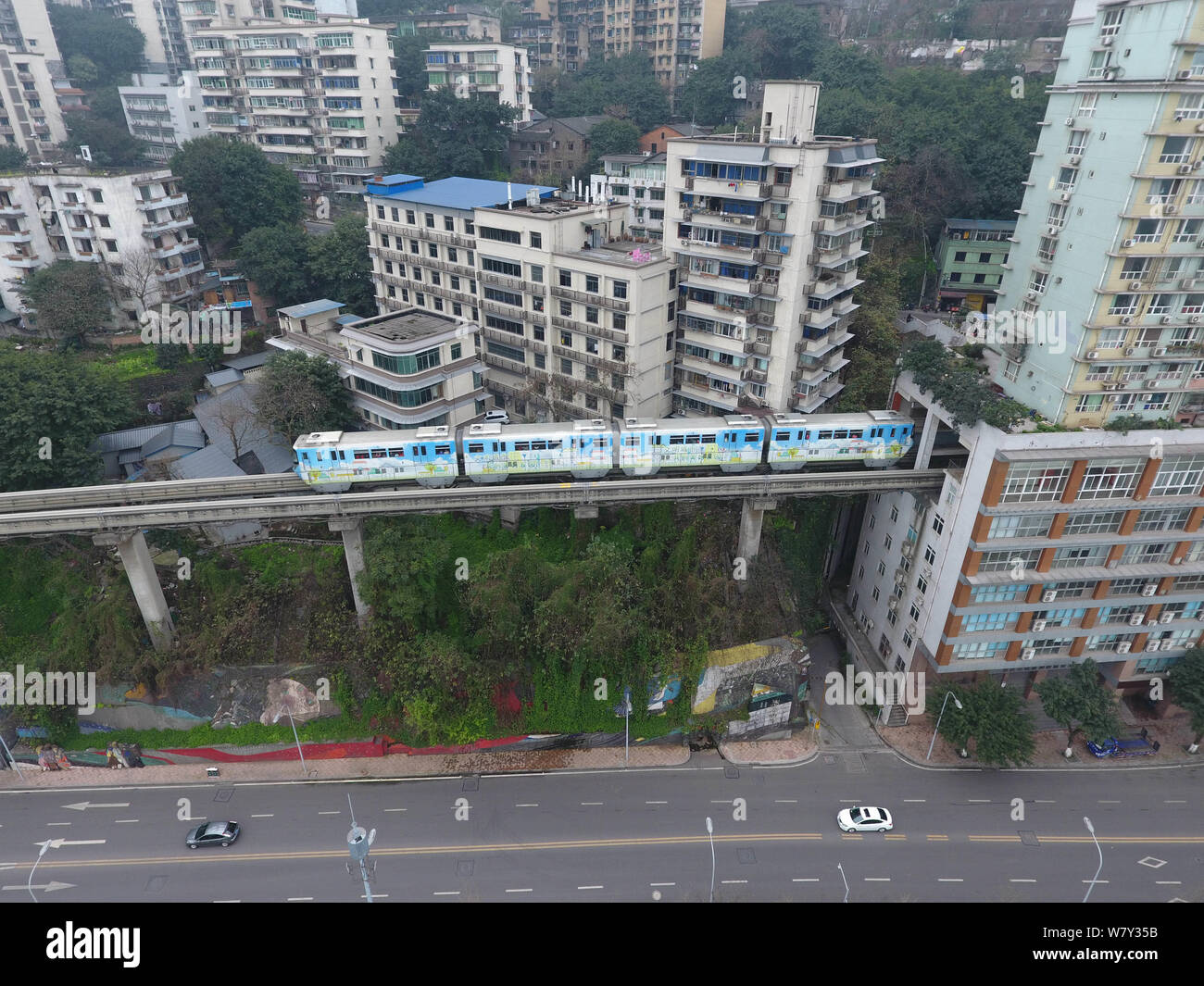 A Subway Train Of Chongqing Light Rail Line Arrives At The Liziba