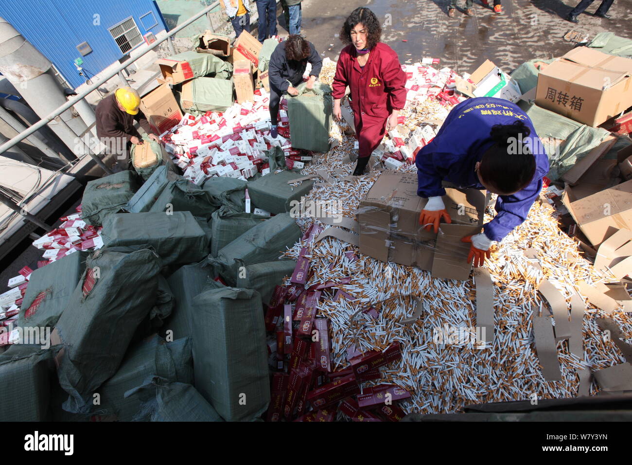 Chinese employees pour the fake-brand and inferior cigarettes to be destoryed at a thermal power plant in Xuchang city, central China's Henan province Stock Photo