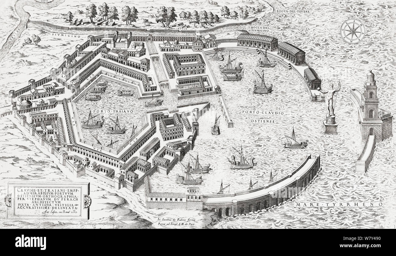 Artists impression of the port of Ostia - now known as Ostia Antica -  as it may have appeared in the time of the emperors Claudius and Tiberius. Stock Photo