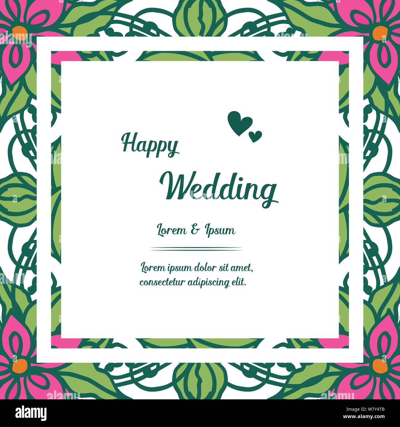 Banner Frame Lettering Of Happy Wedding With Crowd Of Cute