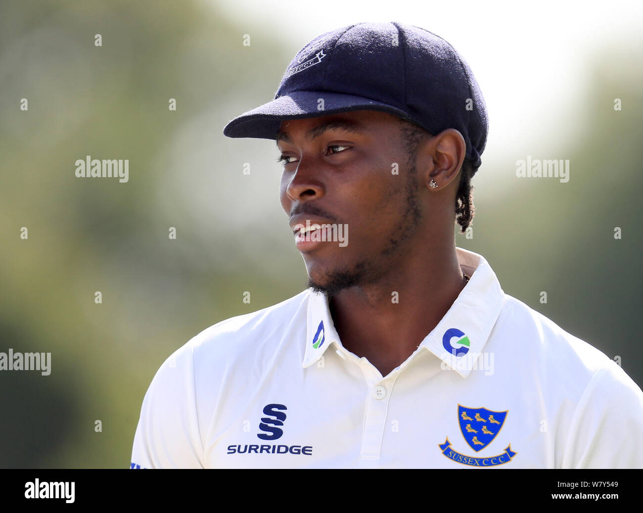 Sussex's Jofra Archer during day two of the Second XI Championship match at Blackstone Academy Ground, Henfield. Stock Photo
