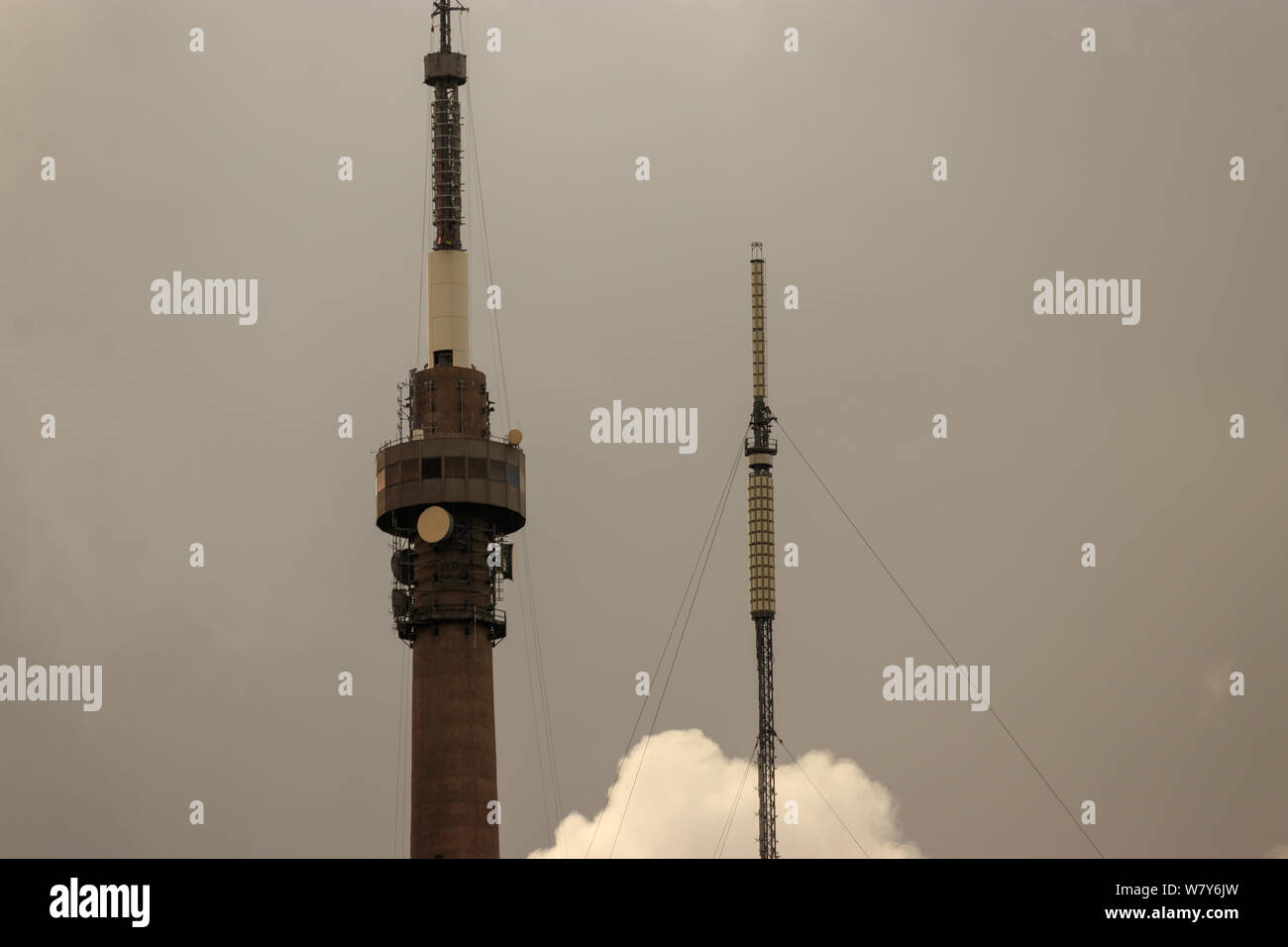 View of Emley Moor television transmission mast and its temporary tower during refurbishment works Stock Photo