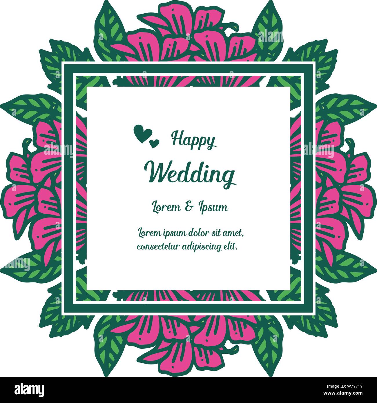 Banner Frame Lettering Of Happy Wedding With Crowd Of Cute