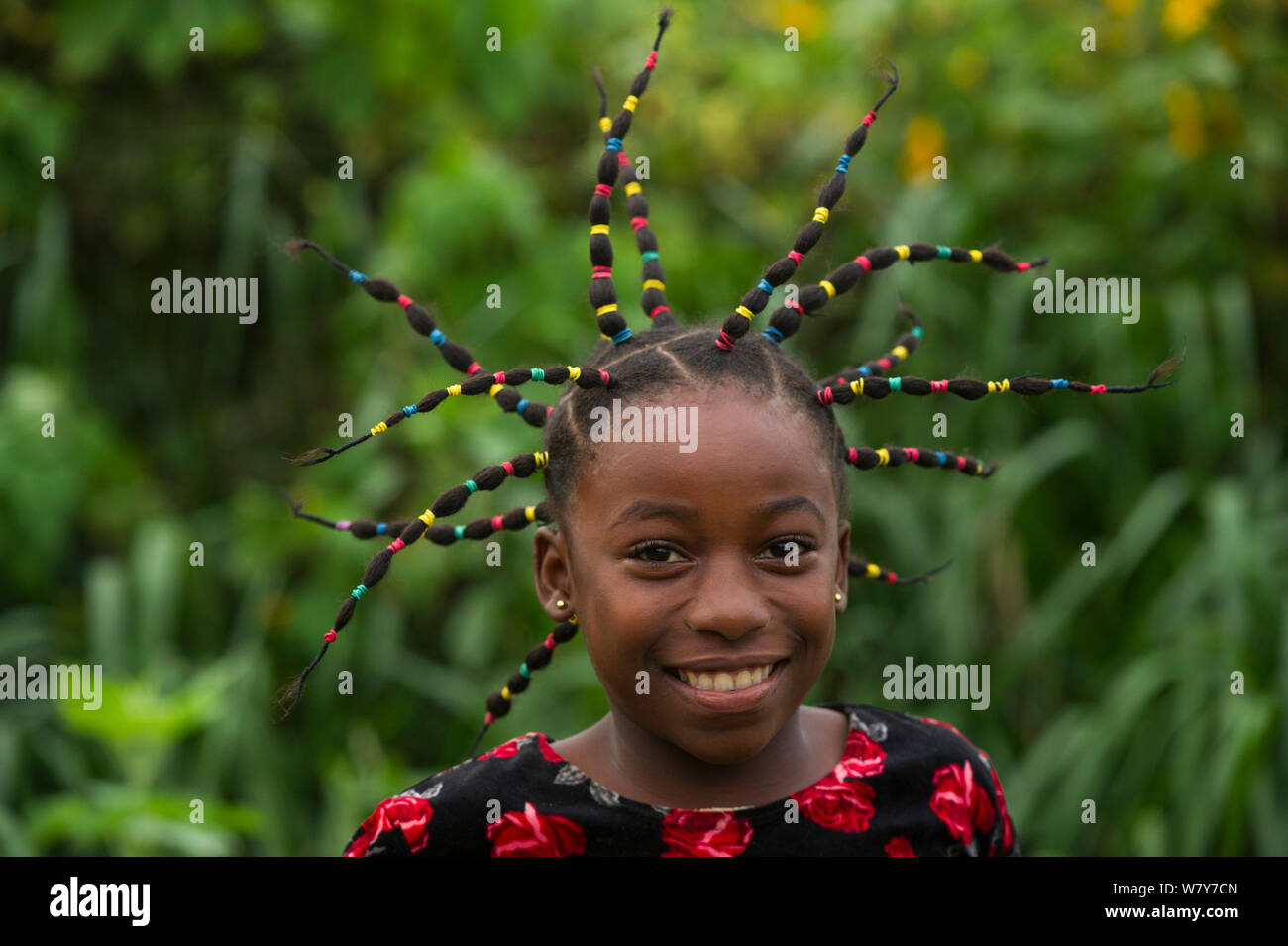 Portrait of local girl, Mbomo Village, Odzala-Kokoua National Park, Republic of Congo (Congo-Brazzaville), Africa, May 2013. Stock Photo