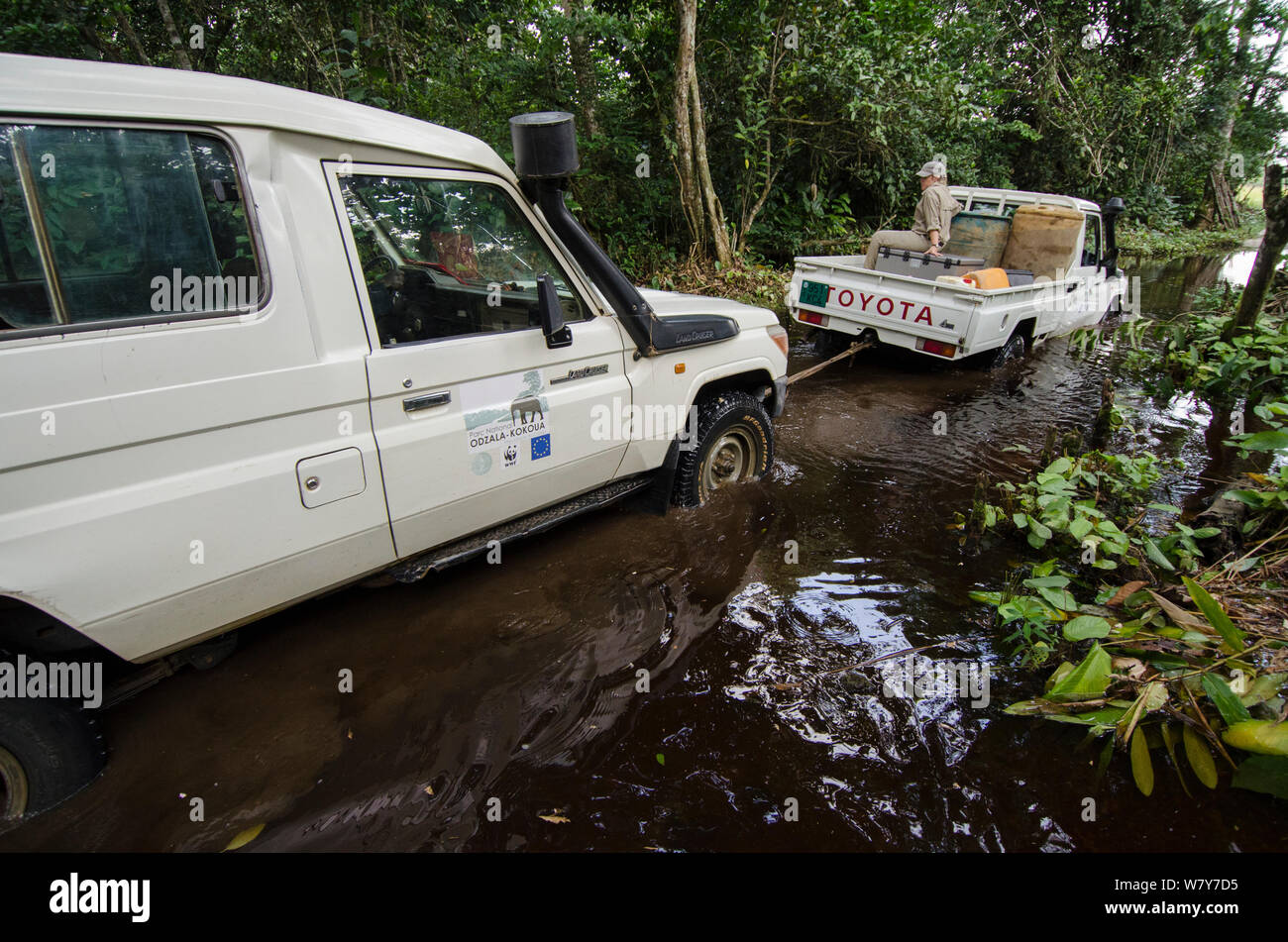 African Parks truck towing another vehicle through water, Mbomo, Odzala-Kokoua National Park, Republic of Congo (Congo-Brazzaville), Africa, May 2013. Stock Photo