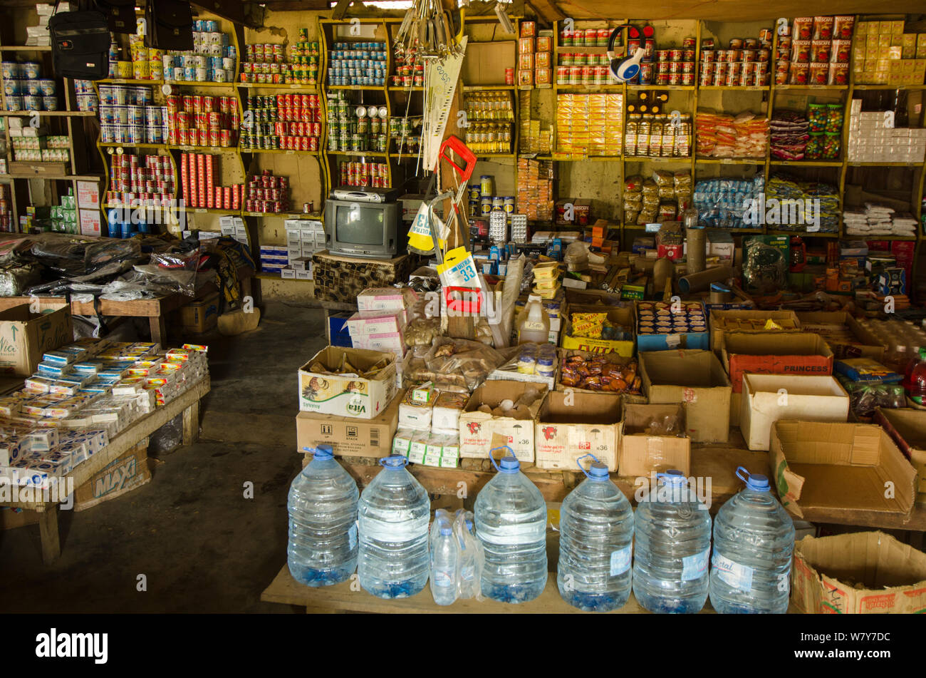 Interior of main supermarket in Mbomo Village, Odzala-Kokoua National Park, Republic of Congo (Congo-Brazzaville), Africa, May 2013. Stock Photo