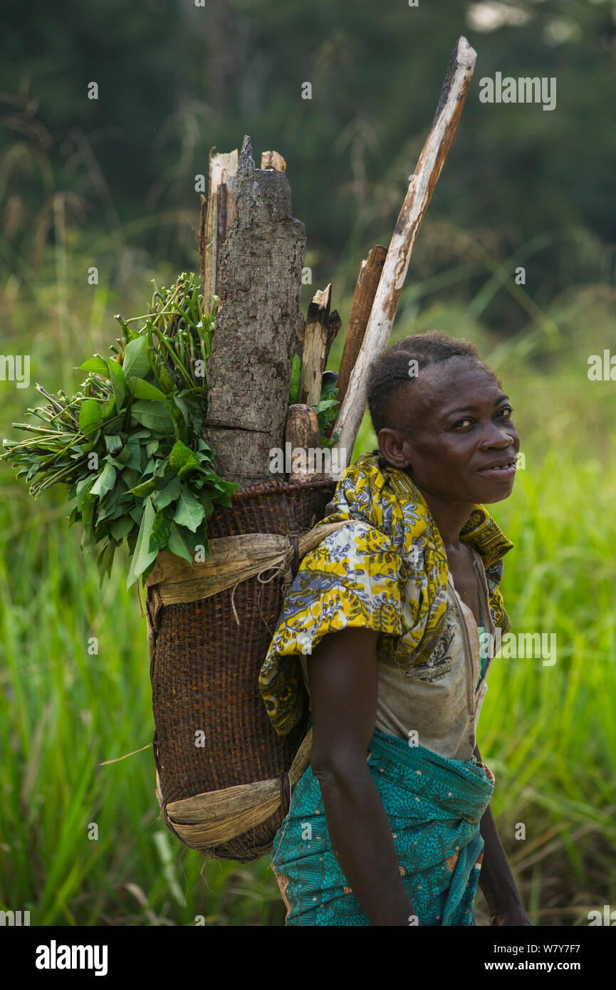 Local woman carrying traditional basket, Republic of Congo (Congo-Brazzaville), Africa, June 2013. Stock Photo