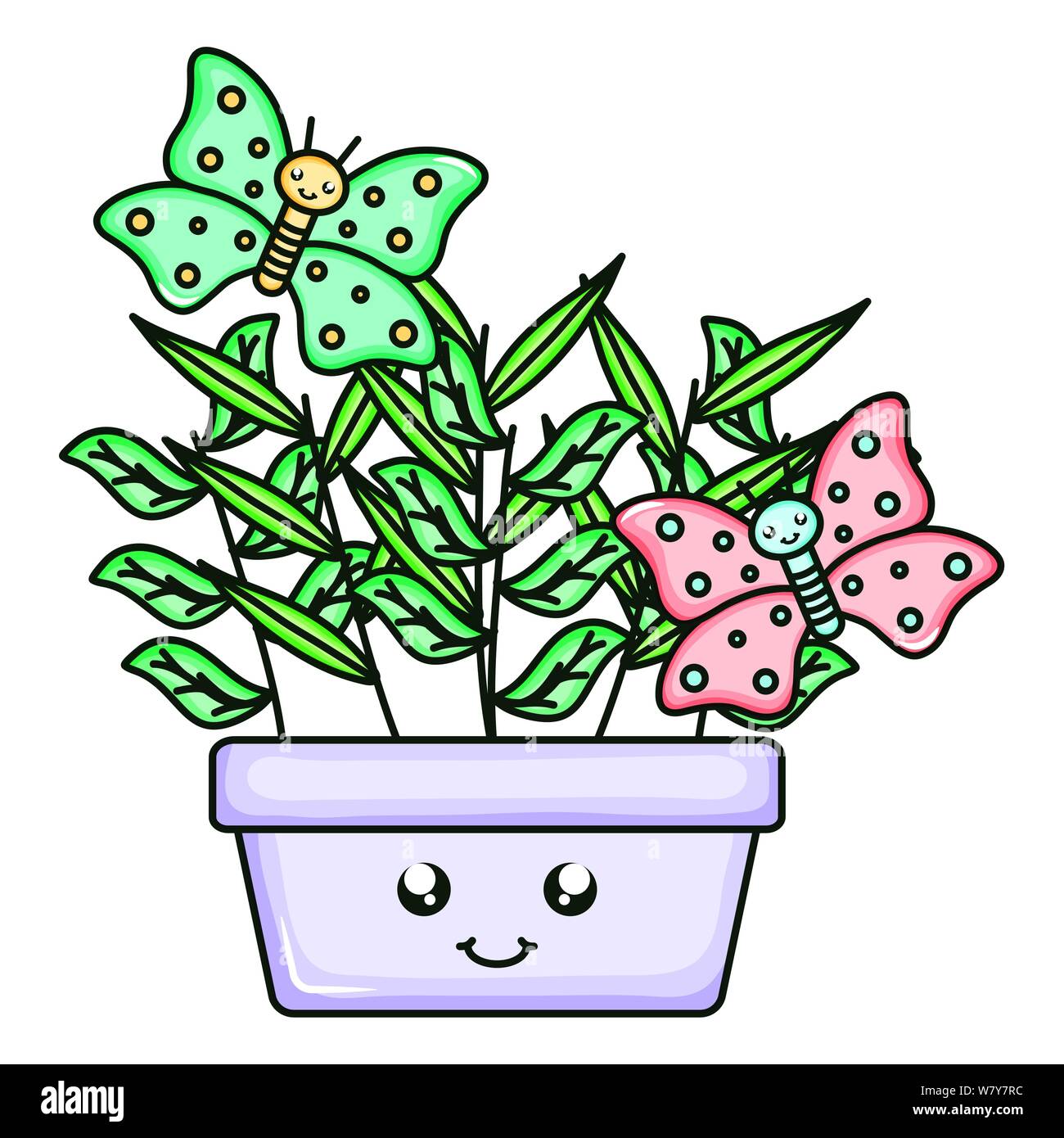 house plant in ceramic pot with butterflies kawaii style vector illustration design Stock Vector