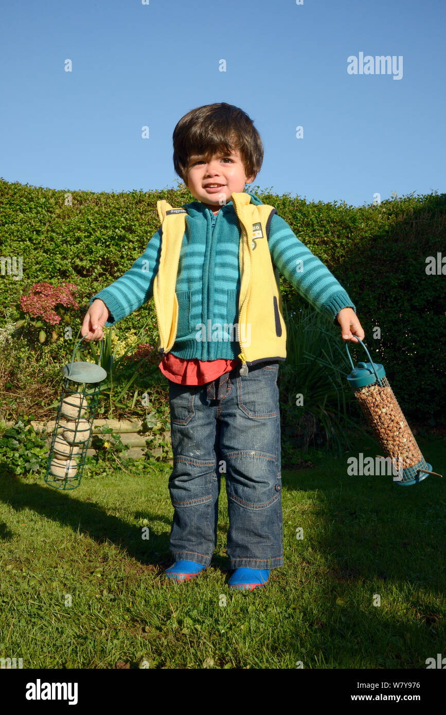 Young boy swinging two garden bird feeders filled with peanuts and fat balls before hanging them up, Bristol, UK, October 2014. Model released. Stock Photo