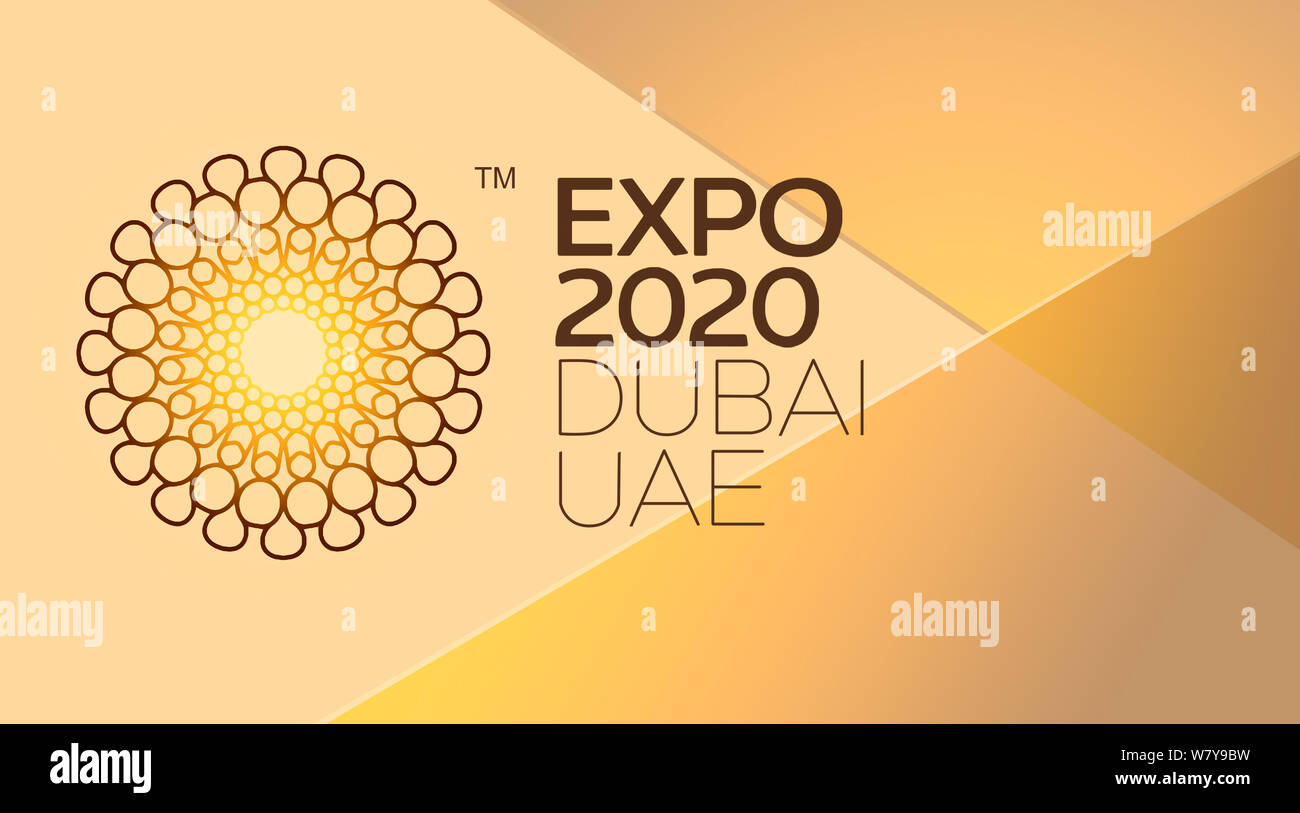 Dubai EXPO 2020 official logo on orange background Stock Photo