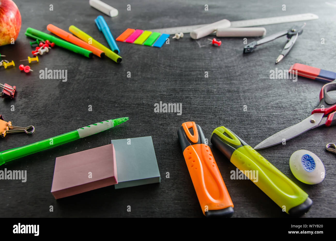 stationery on a black background back to school with copy space Stock Photo
